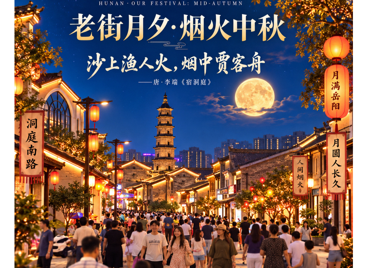 “登楼揽月·团圆中秋”③系列海报 |一城月满巴陵，万家烟火入秋